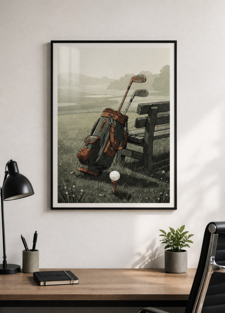 Vintage Golf Course Illustration Wall Art Print - Rustic Golf Bag & Bench Poster
