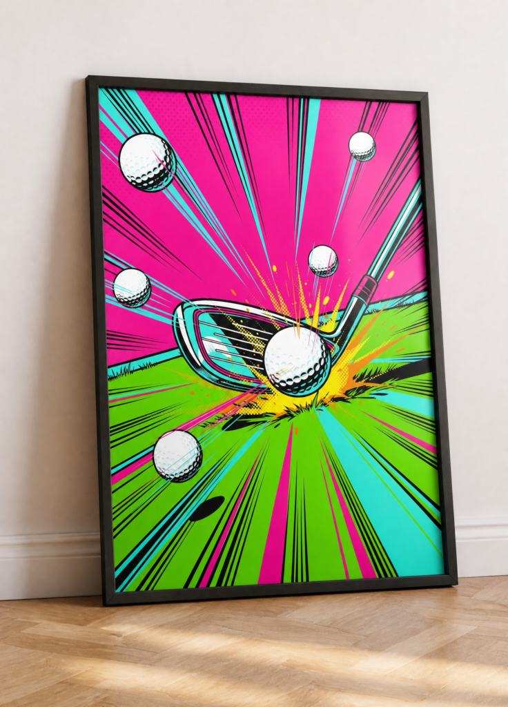 Pop Art Golf Club Swing Neon Comic Style Wall Art Poster