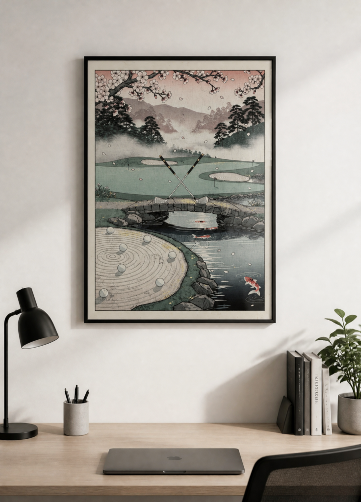 Japanese Ukiyo-e Golf Course Art Print - Cherry Blossom Woodblock Style Wall Art Poster