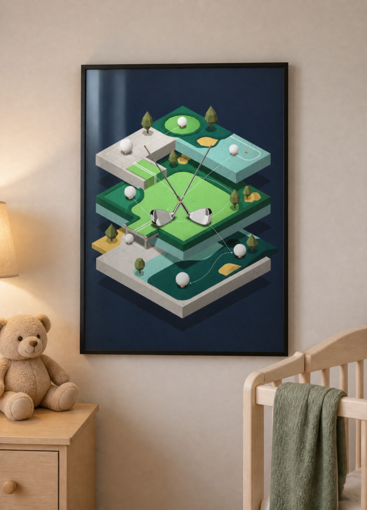 Isometric Golf Course Illustration Wall Art Poster - Layered Golf Club Design