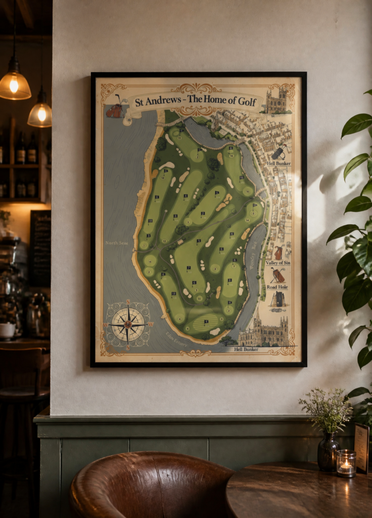 St Andrews Old Course Vintage Illustrated Golf Map Wall Art Poster