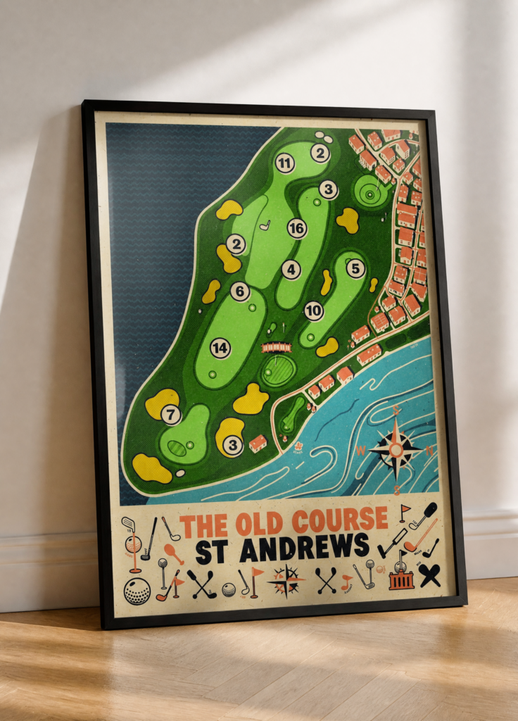The Old Course St Andrews Golf Course Map Vintage Poster - Retro Golf Wall Art Print