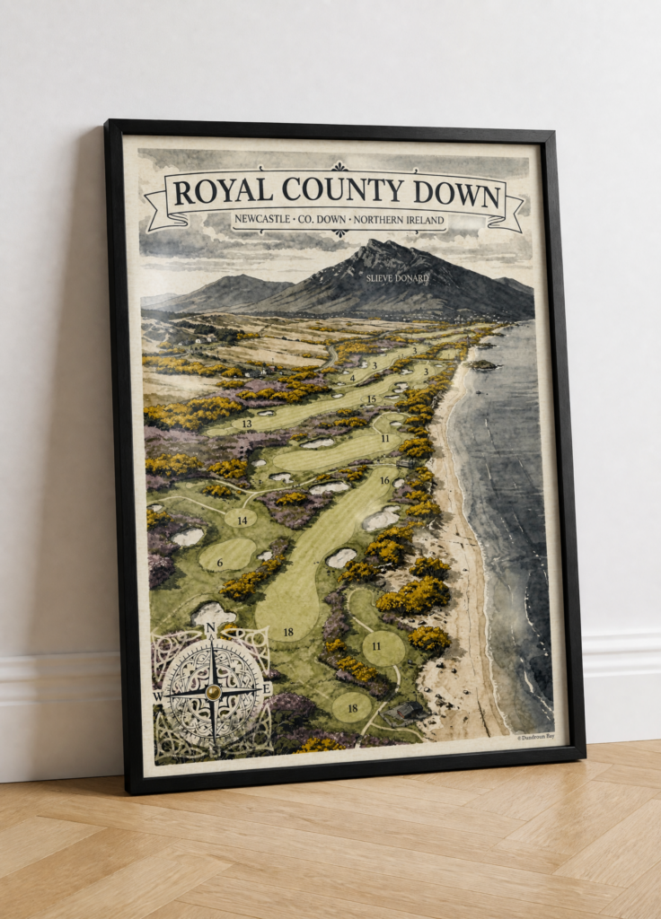 Royal County Down Golf Course Illustrated Map Wall Art Poster - Newcastle Northern Ireland