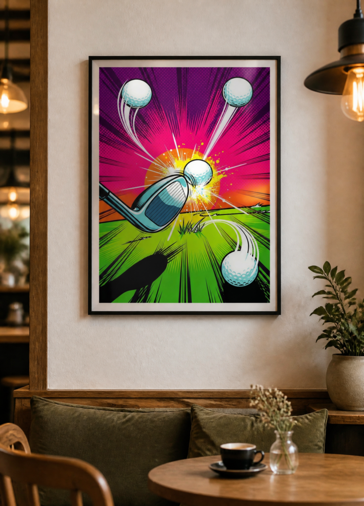 Pop Art Golf Swing Comic Book Style Wall Art Poster - Vibrant Neon Sports Illustration