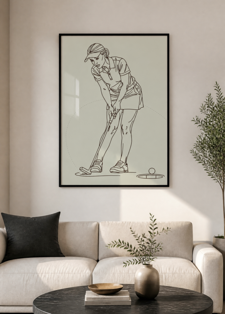 Female Golfer Putting Line Art Illustration Wall Art Print