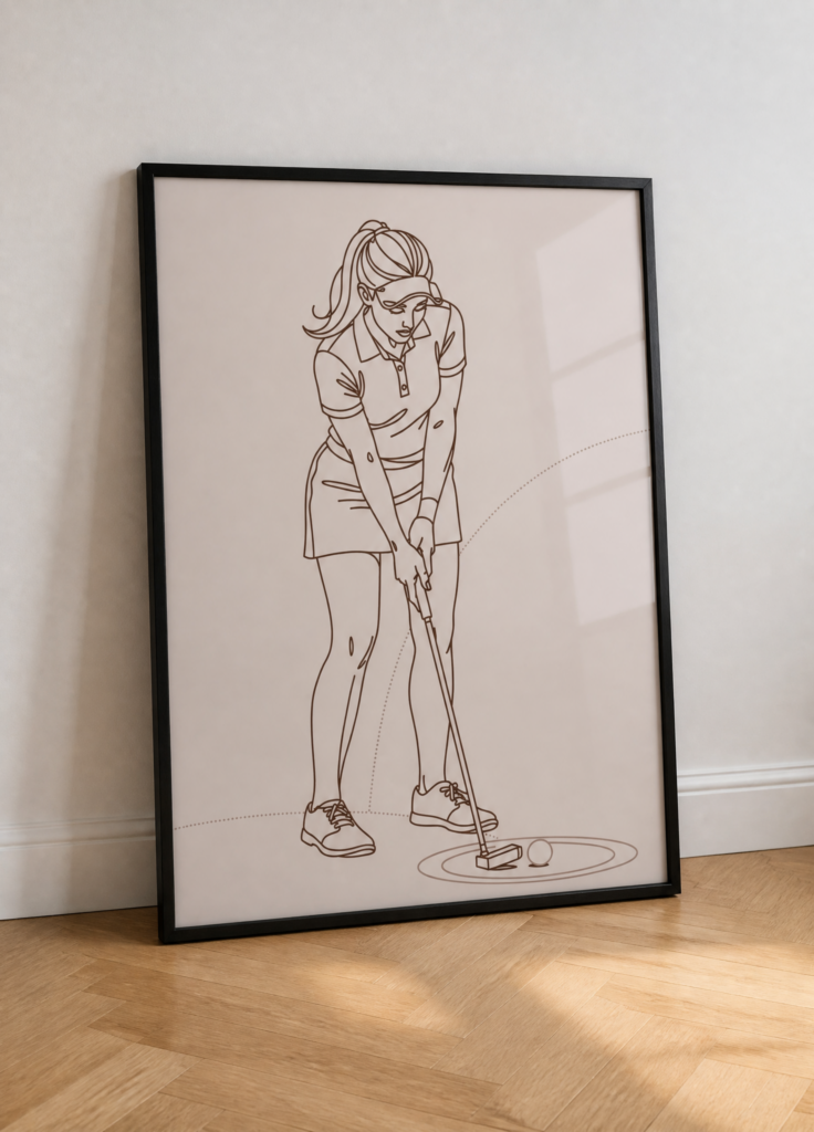 Female Golfer Putting Line Art Print - Minimalist Golf Illustration Wall Art