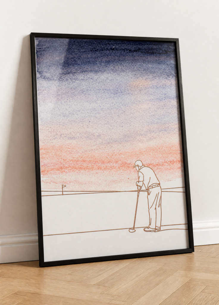 Watercolor Golf Sunset Wall Art - Elderly Golfer Line Drawing Poster