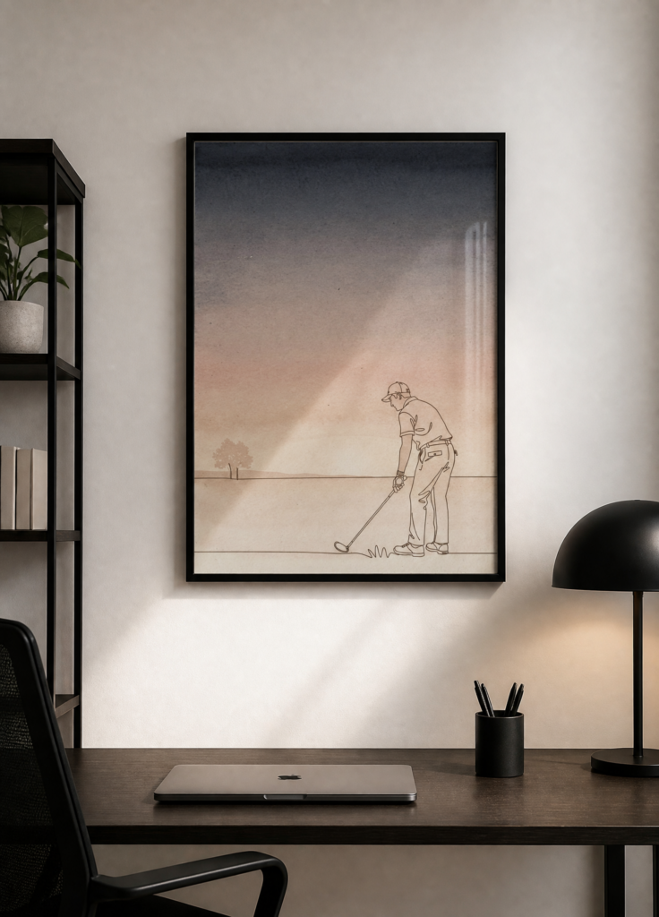 Minimalist Golf Line Art Print - Watercolor Sunset Golfer Wall Art Poster