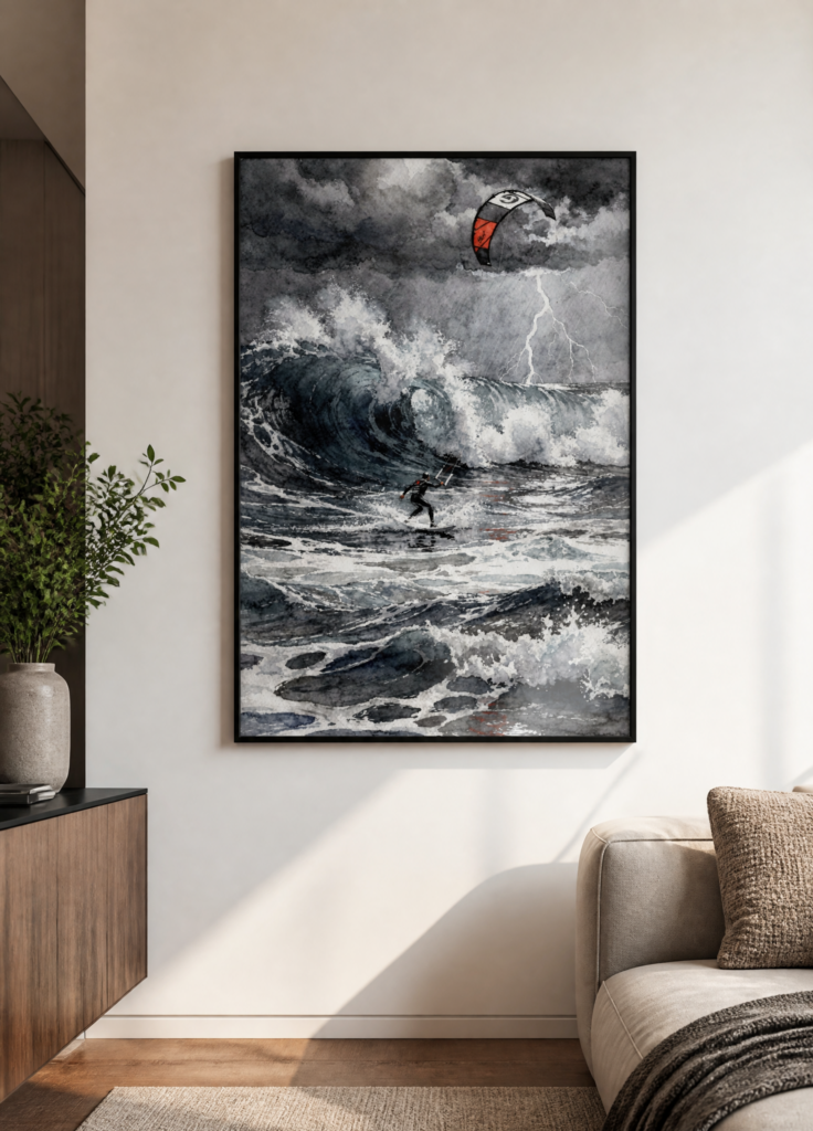 Kitesurfer Storm Watercolor Art Print - Dramatic Ocean Wave Wall Art Poster