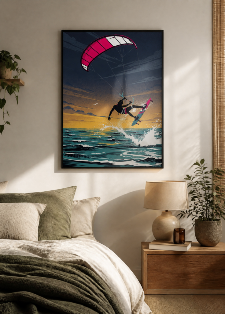Kitesurfing Sunset Ocean Wall Art Poster - Retro Sport Illustration Print