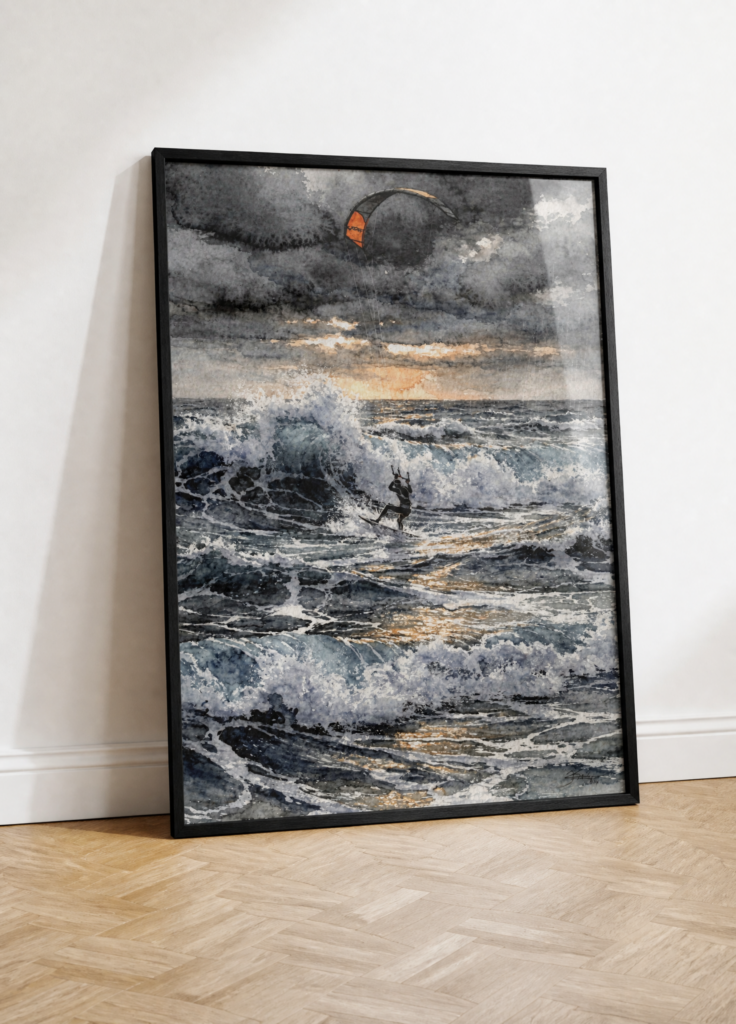 Kitesurfer in Storm Watercolor Painting | Ocean Waves Sunset Wall Art Print