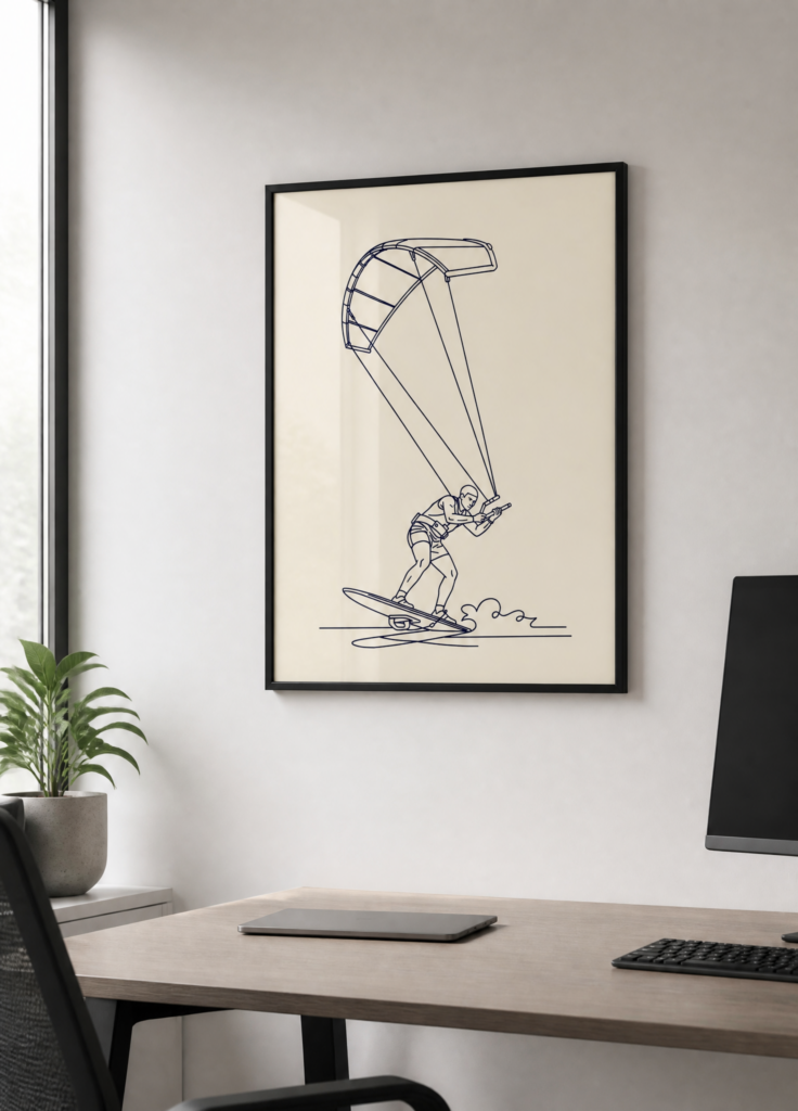 Kitesurfing Line Art Poster - Minimalist Water Sports Wall Art Print