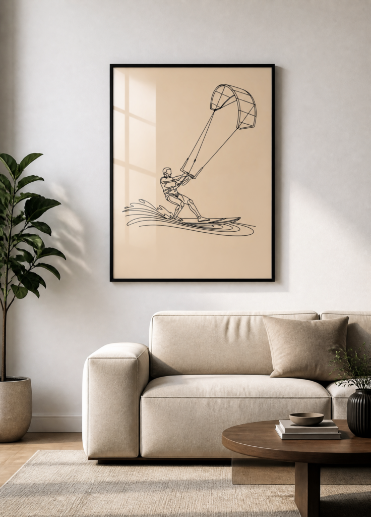 Kitesurfing Line Art Poster – Minimalist Water Sport Wall Art Print