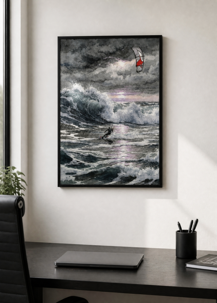 Stormy Sea Kitesurfing Watercolor Painting - Dramatic Ocean Wave Wall Art