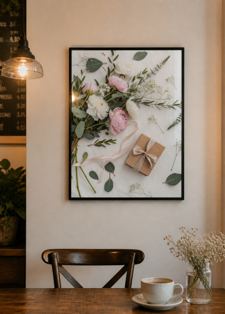 Pink Peonies and Eucalyptus Floral Flat Lay Wall Art Print
