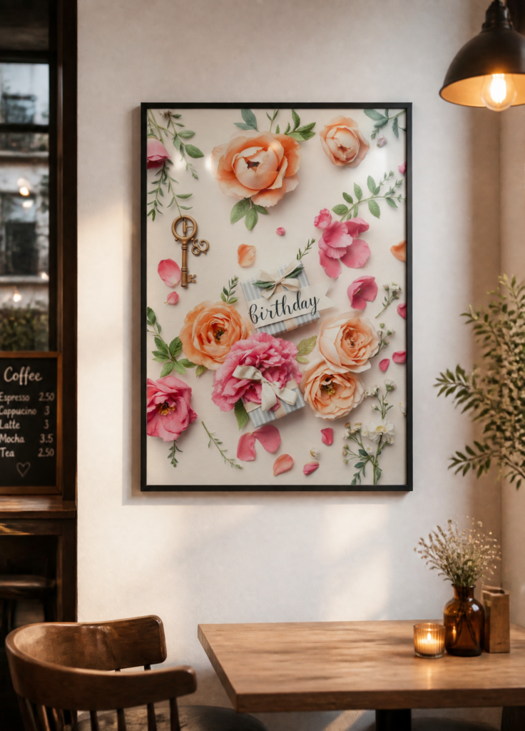 Floral Birthday Flat Lay Wall Art Print - Pink & Peach Roses Botanical Poster