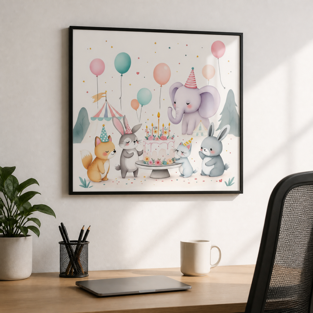 Animal Birthday Party Watercolor Nursery Wall Art Print