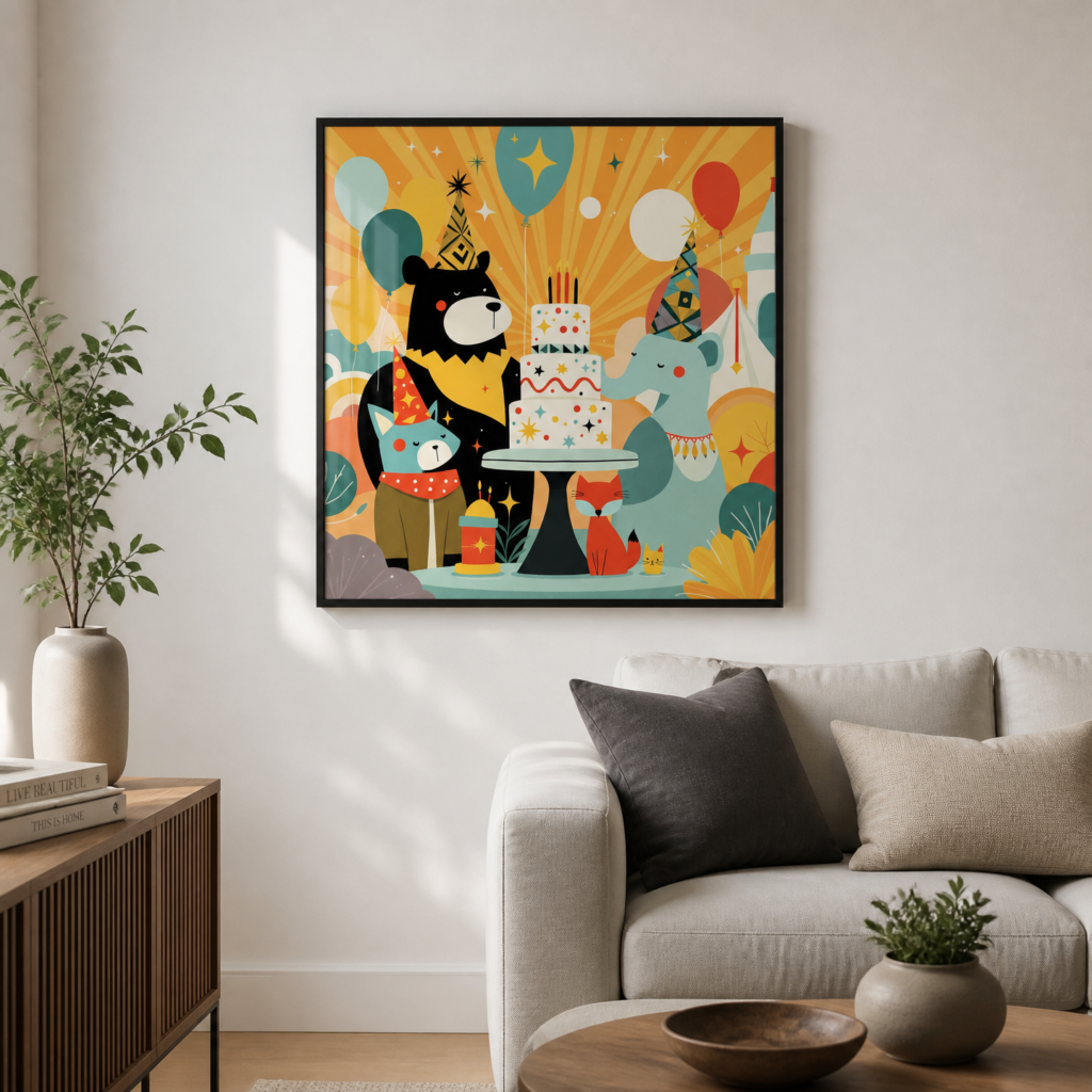 Whimsical Animal Birthday Party Illustration Wall Art Print - Mid-Century Modern Kids Room Decor