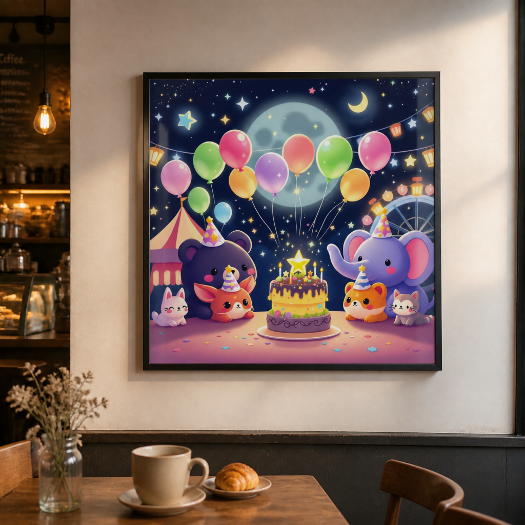 Cute Animal Birthday Party Night Carnival Wall Art Print - Kawaii Nursery Decor Poster