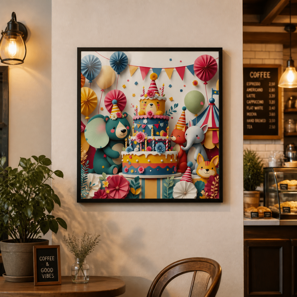 Cute Animal Birthday Party Wall Art Print - Colorful Kids Room Nursery Poster