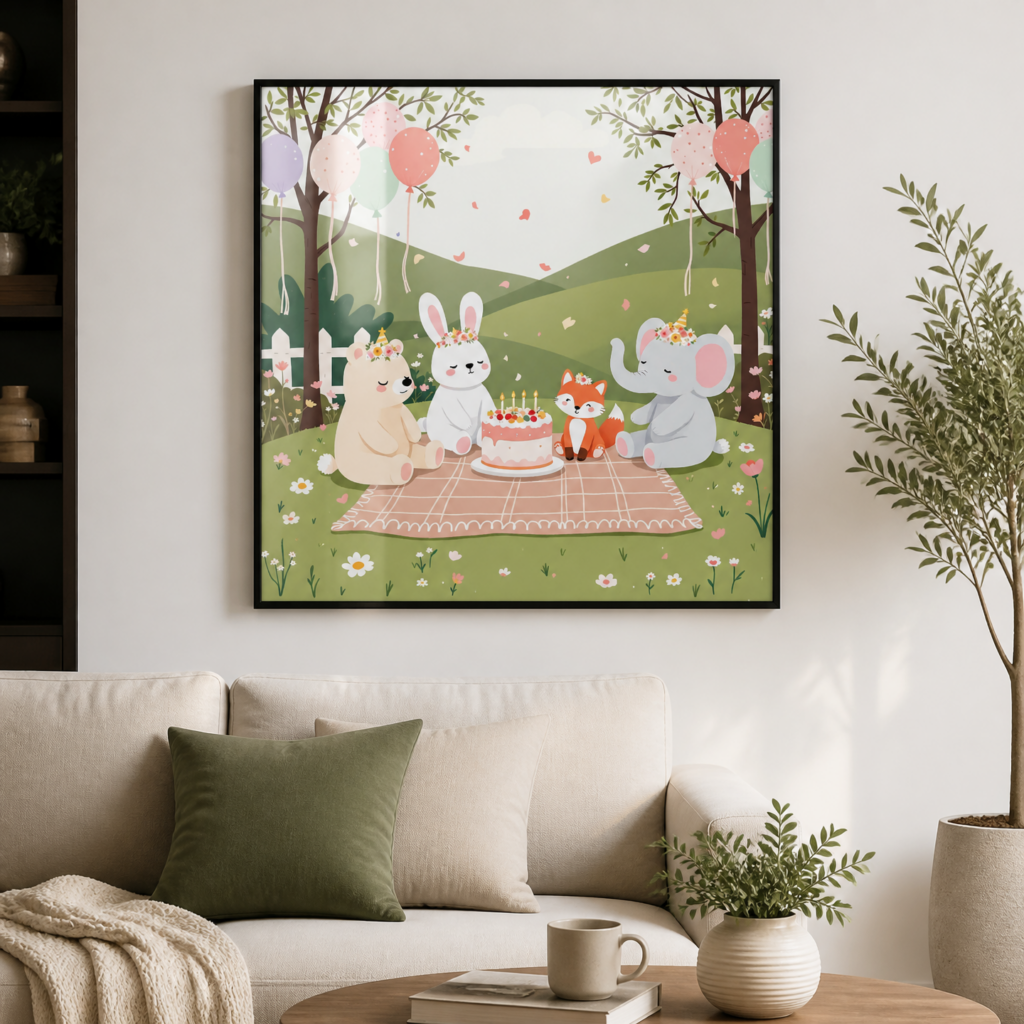 Cute Animal Birthday Party Nursery Wall Art Print - Woodland Friends Picnic Illustration