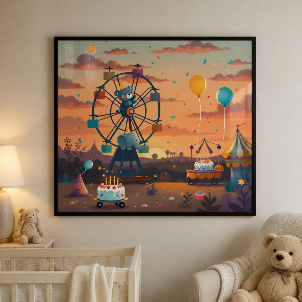 Carnival Birthday Party Kids Wall Art Print - Whimsical Nursery Poster with Ferris Wheel Bear and Elephant