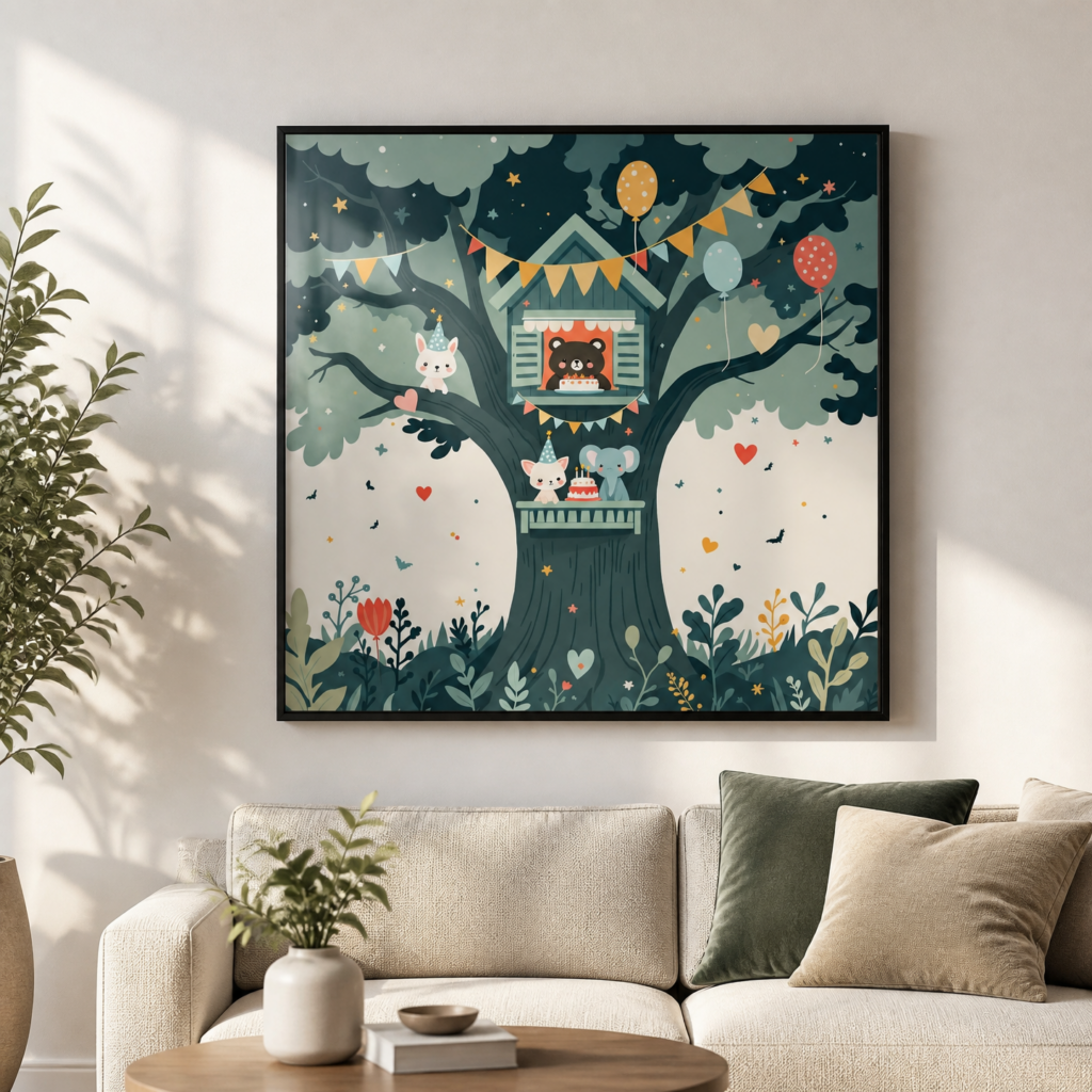 Treehouse Birthday Party Animals Nursery Wall Art Print - Whimsical Children's Illustration Poster