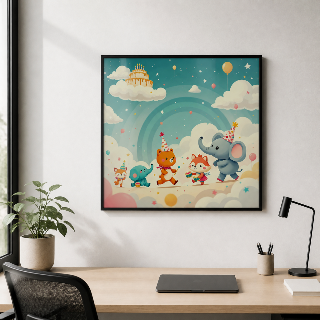 Cute Animal Birthday Party Nursery Wall Art Print - Whimsical Kids Room Decor