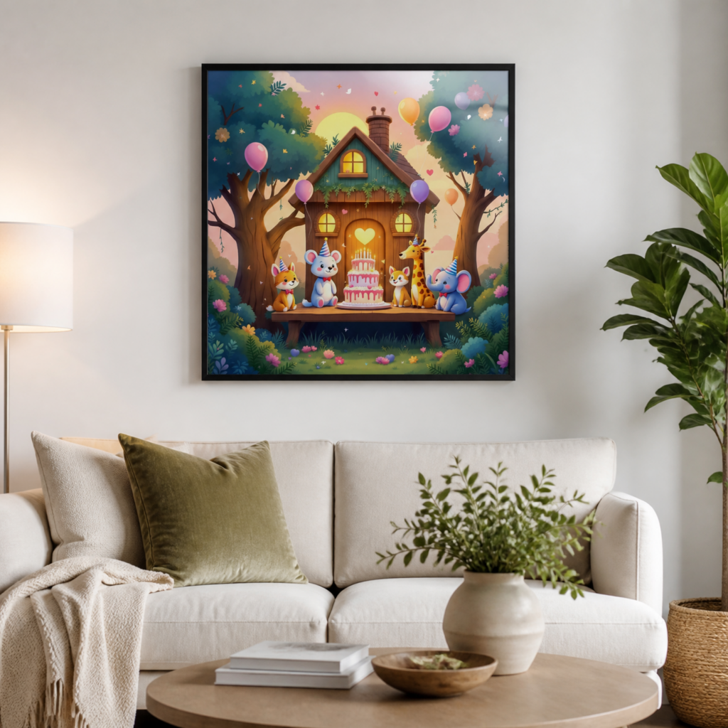 Cute Animals Birthday Party Treehouse Wall Art Print | Children's Nursery Poster