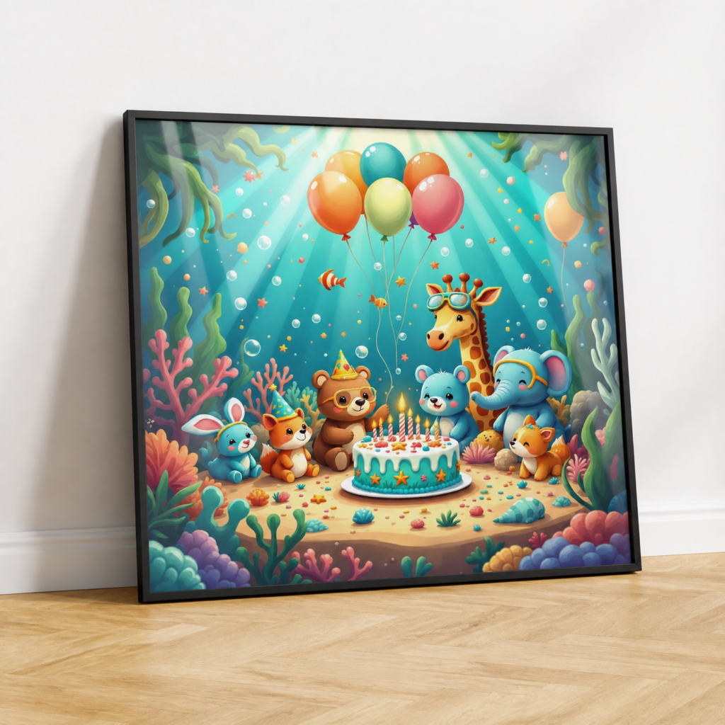 Underwater Birthday Party Animals Wall Art Print - Cute Nursery Decor for Kids Room