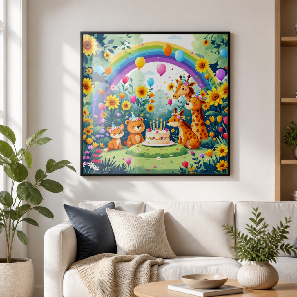 Cute Animal Birthday Party Wall Art Print - Colorful Kids Room Nursery Poster