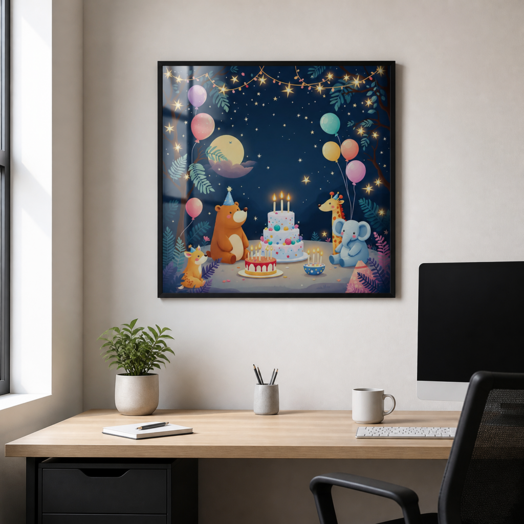 Cute Animals Birthday Party Night Sky Nursery Wall Art Print