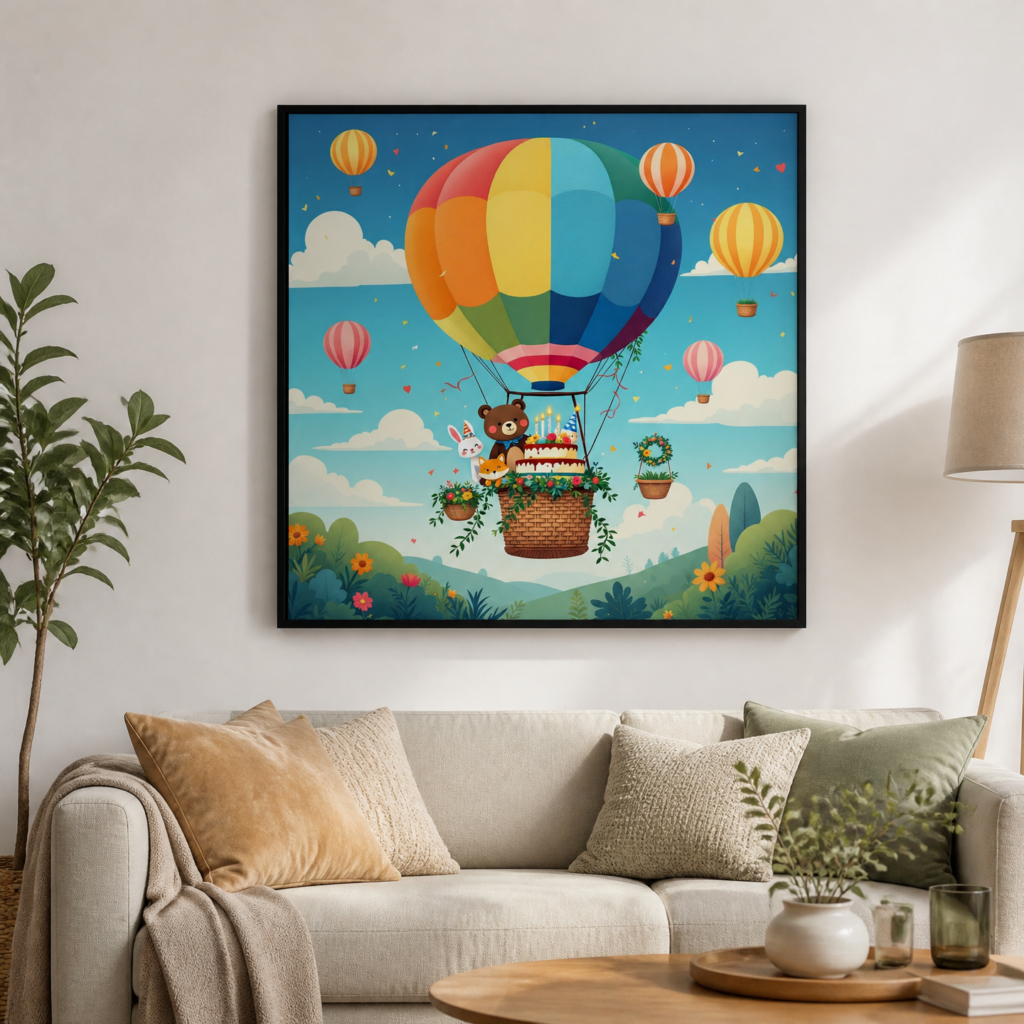 Cute Hot Air Balloon Animals Birthday Wall Art Print - Colorful Nursery Poster