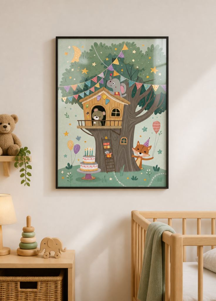 Treehouse Birthday Party Animals Nursery Wall Art Print - Whimsical Children's Illustration Poster