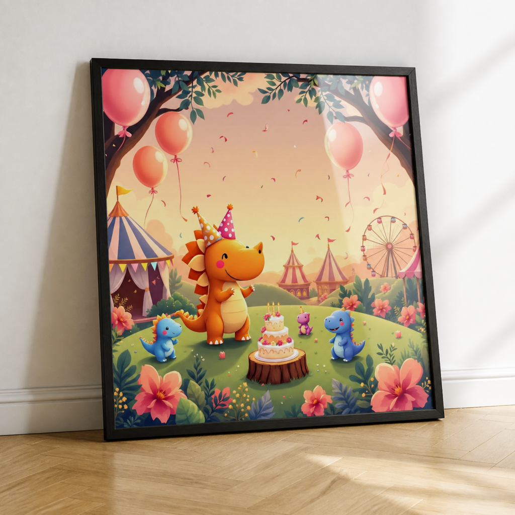 Cute Dinosaur Birthday Party Wall Art Print - Kids Room Nursery Decor Poster