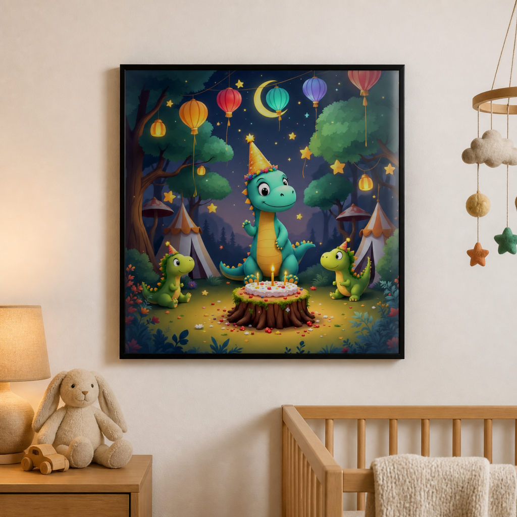 Cute Dinosaur Birthday Party Wall Art Print - Kids Nursery Decor Poster