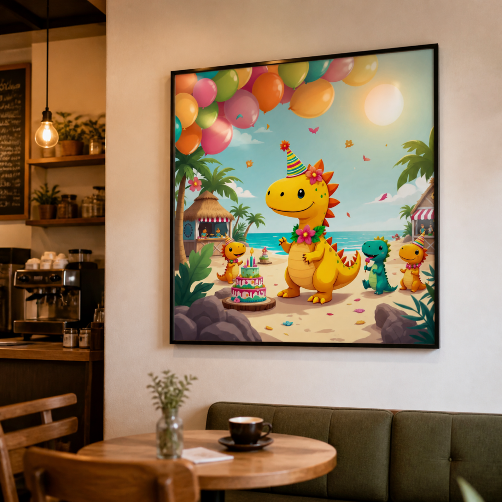 Cute Dinosaur Beach Birthday Party Wall Art Print - Colorful Kids Room Decor Poster