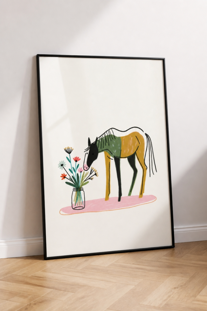 Horse and Wildflowers Illustration Wall Art Print - Modern Folk Art Nursery Poster
