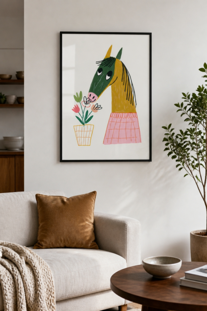 Whimsical Horse Smelling Flowers Wall Art Print - Cute Animal Nursery Poster