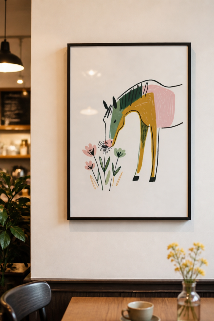 Whimsical Horse and Wildflowers Nursery Wall Art Print - Modern Children's Illustration Poster