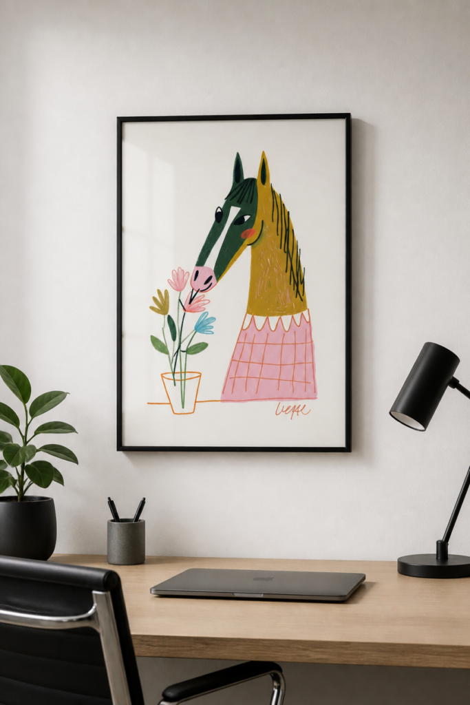 Whimsical Horse Smelling Flowers Illustration Wall Art Print