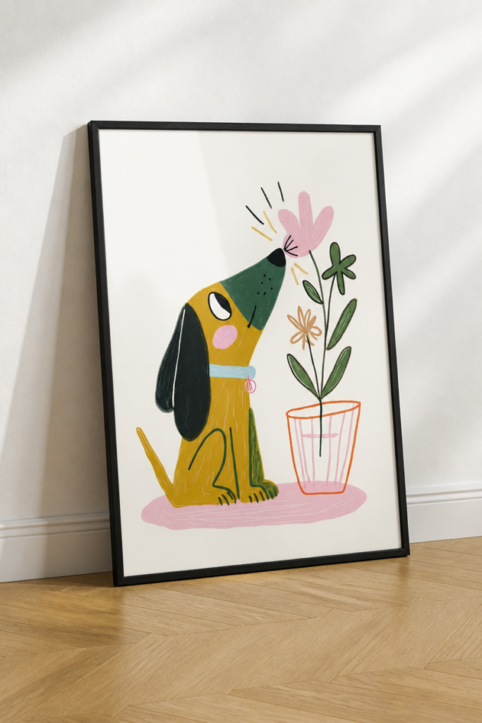 Cute Dog Smelling Flower Illustration Wall Art Print - Nursery Decor Poster