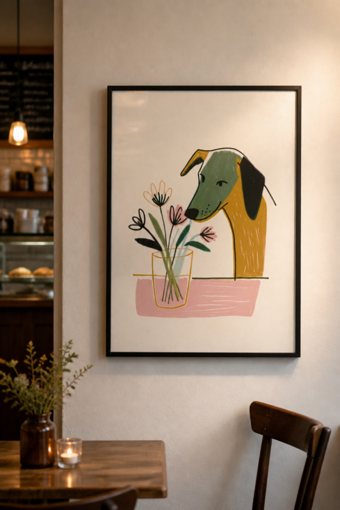 Dog Smelling Flowers Illustration Wall Art Print - Modern Scandinavian Poster