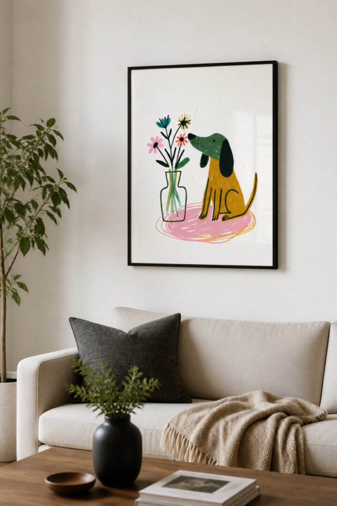 Cute Dog Smelling Flowers Illustration Wall Art Print - Whimsical Nursery Decor
