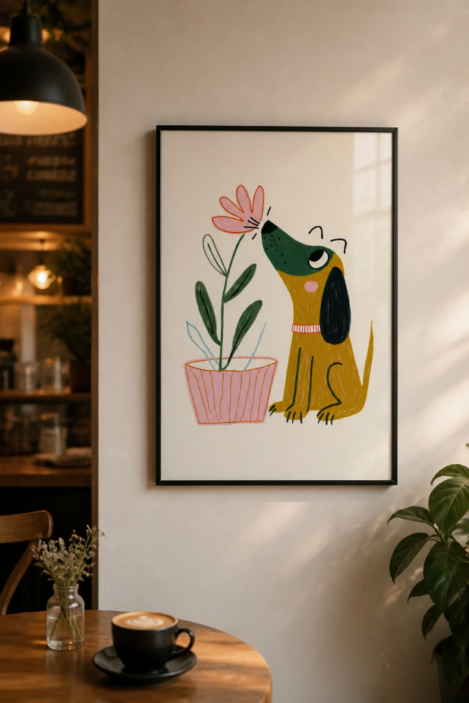 Cute Dog Sniffing Flower Illustration Wall Art Print - Whimsical Nursery Decor