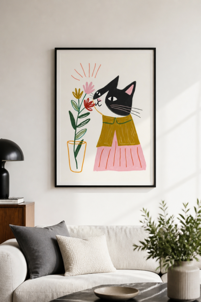 Black Cat Smelling Flowers Illustration Wall Art Print - Whimsical Cat Poster