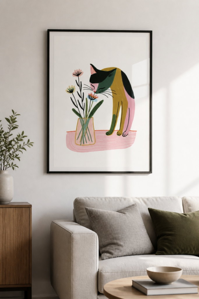 Cat Smelling Flowers Wall Art Print - Mid-Century Modern Illustration Poster