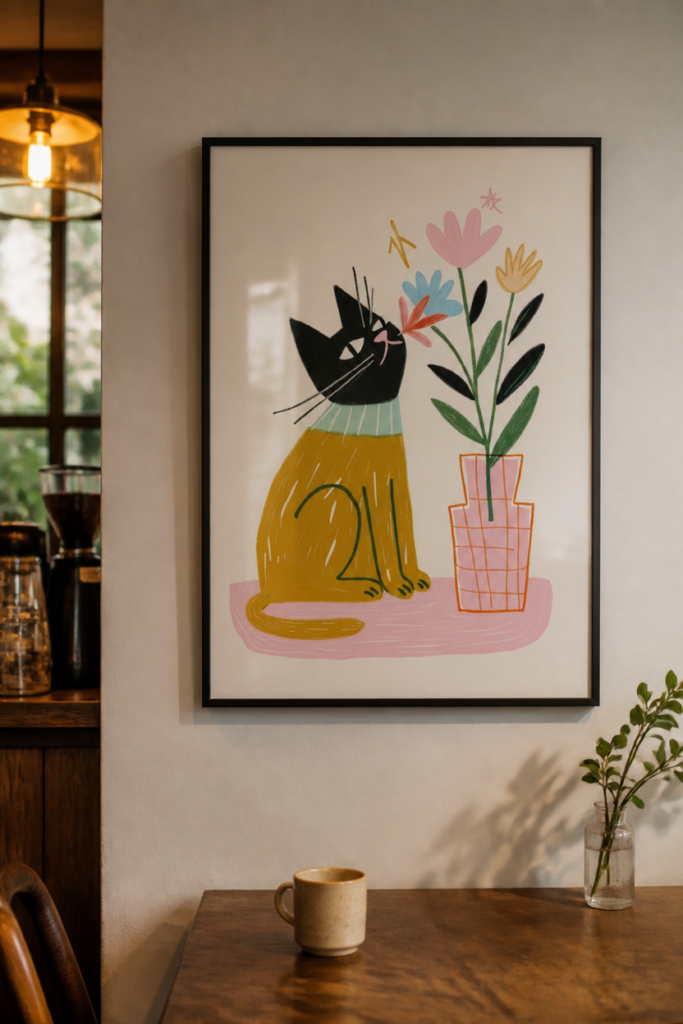 Black Cat Smelling Flowers Illustration Wall Art Print - Whimsical Cat Poster