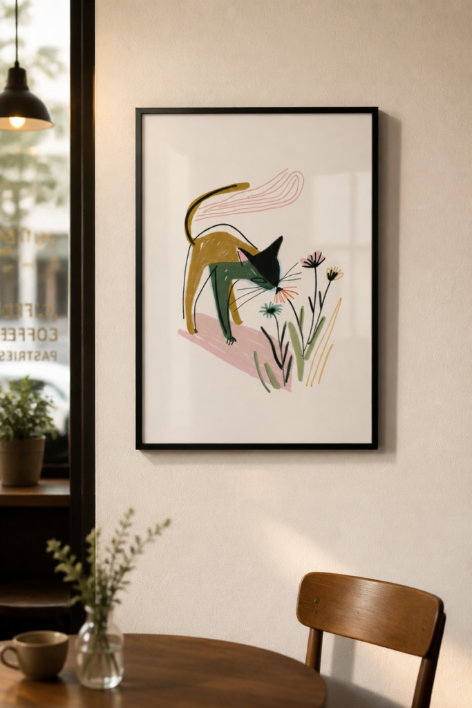 Cat Smelling Flowers Illustration Wall Art Print - Mid-Century Modern Style Poster