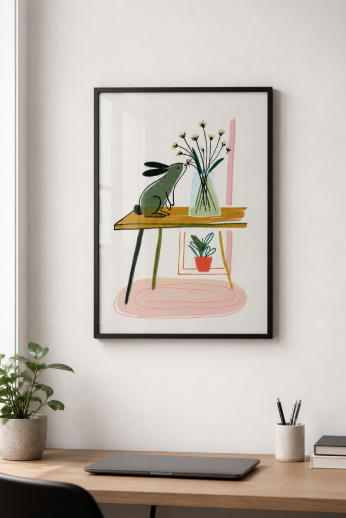 Bunny Smelling Flowers Illustration Wall Art Print - Whimsical Rabbit Nursery Decor